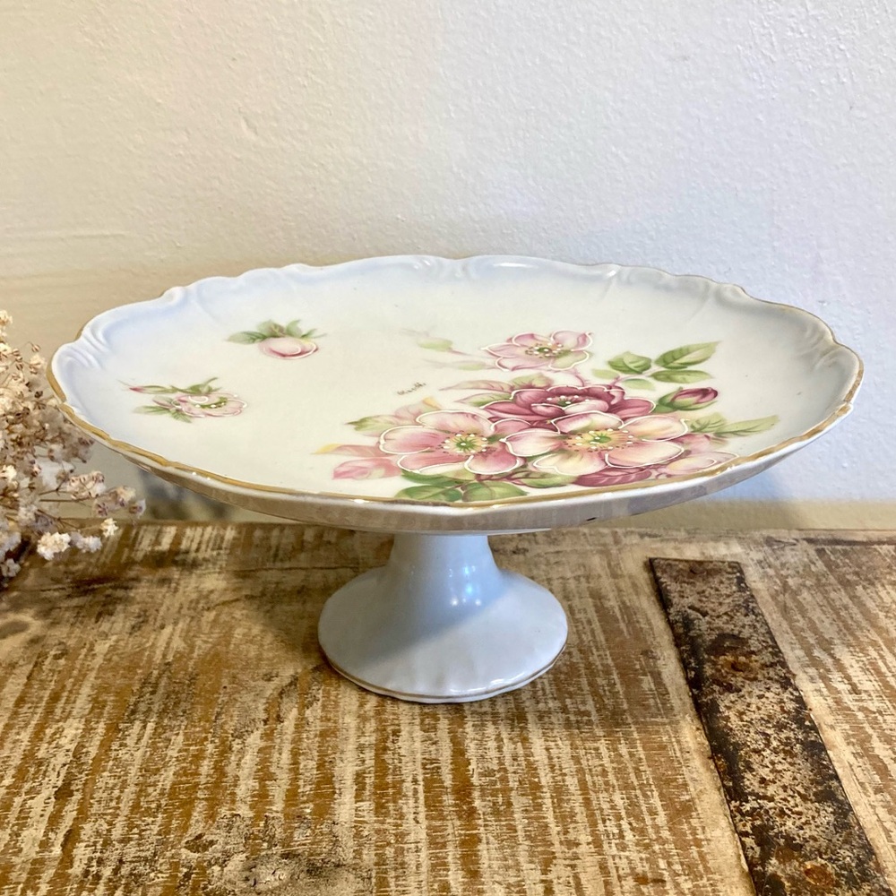 Floral Pedestal Cake Stand Signed Renee 8”